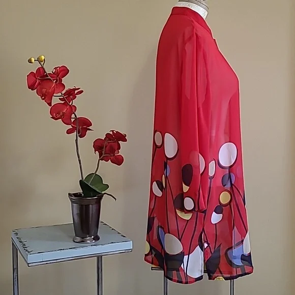 NEW Vintage Liz Baker Tunic Top Semi-sheer Chiffon Bright Red Poppies Print Lrge - Picture 2 of 9